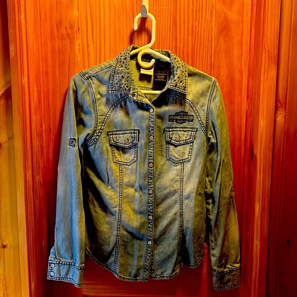 Harley Davidson - Distressed Jean, w/ Studded Collar Button-Up Shirt - Medium - Picture 1 of 5